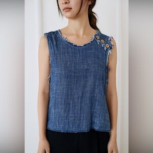 Anthropologie Amadi Blue Frayed Crop Tank Blouse Sz XL wooden buttons